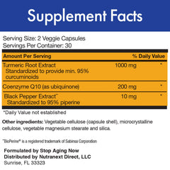 Stop Aging Now CUR-Q10 Ultra Complex label closeup, turmeric and black pepper blend.