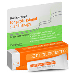 Strataderm scar gel tube front for daily scar care and easy application.