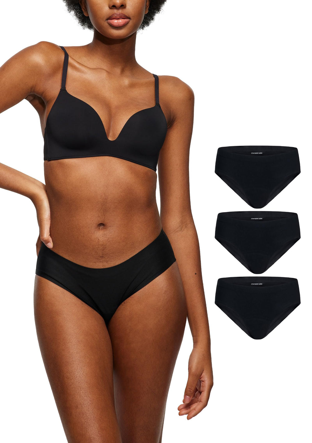Strawberry Weeks LEAKPROOF2.0 bikini underwear flat lay showing four-sided protection for leak-free days