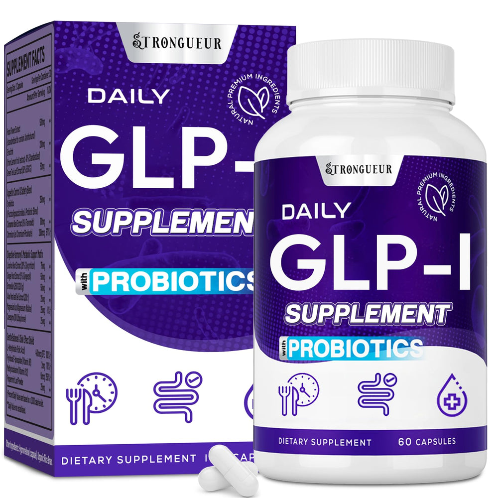Strongueur GLP-l supplement bottle promoting daily digestion support and energy balance.