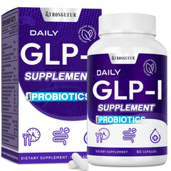 Strongueur GLP-l supplement bottle promoting daily digestion support and energy balance.