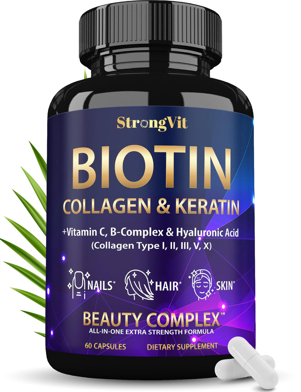 StrongVit Biotin with Hyaluronic Acid bottle promotes healthy hair and hydrated skin.