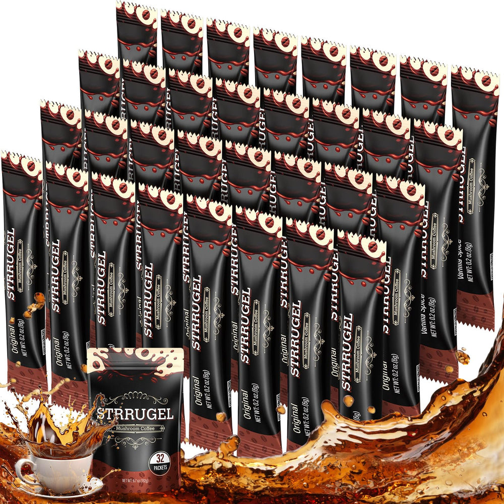 Strrugel box of organic mushroom coffee with 32-stick supply for on-the-go energy.