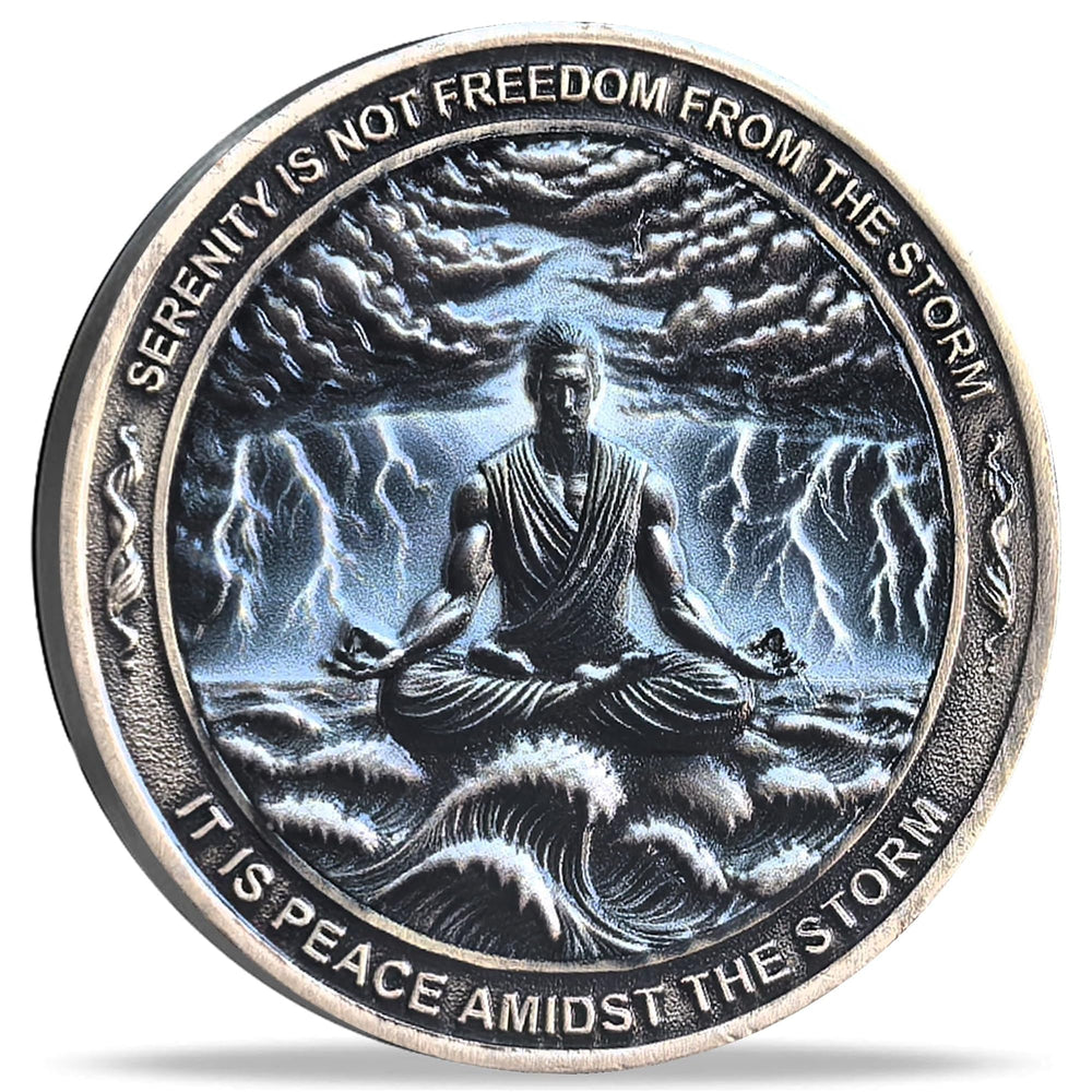 Strugglejewelry Serenity Storm coin with calm figure for resilience reminder.