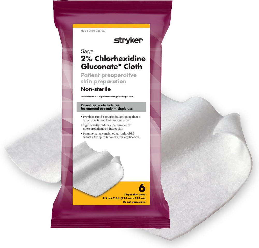 Stryker Sage CHG: empaque de toallitas para uso preoperatorio.