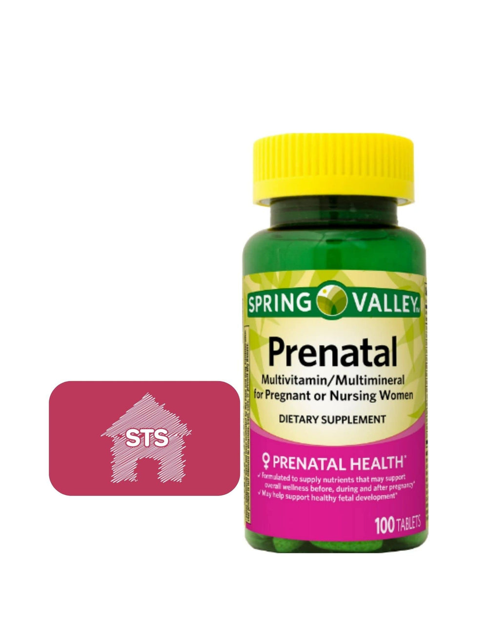 STS Home Spring Valley Prenatal tabletas en botella para apoyo nutricional durante el embarazo.