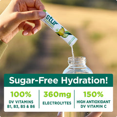 Stur hydration powder scoop in glass illustrating quick mix and refreshing flavor