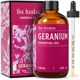 SU JUABA aceite esencial de geranio en botella ámbar para aroma puro y duradero.