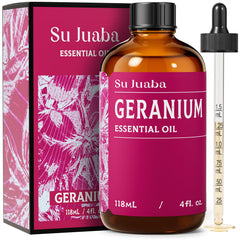 SU JUABA aceite esencial de geranio en botella ámbar para aroma puro y duradero.