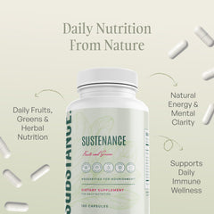 SUBSTANCE Sustenance ingredients blend close-up with greens, berries, and mushrooms.