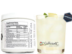 Sufficient-C lemon peach drink mix 2-pack back view highlights plant-based flavors and premium ingredients.