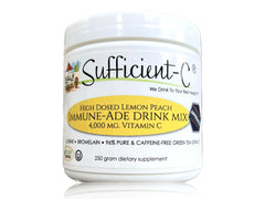 Sufficient-C vitamin C lemon-peach bottle highlights high-dose immune support.