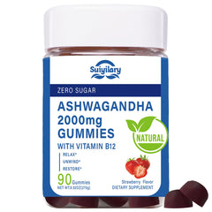 Gomitas de Ashwagandha de Suiyilary, botella frontal, apoyo al equilibrio diario.