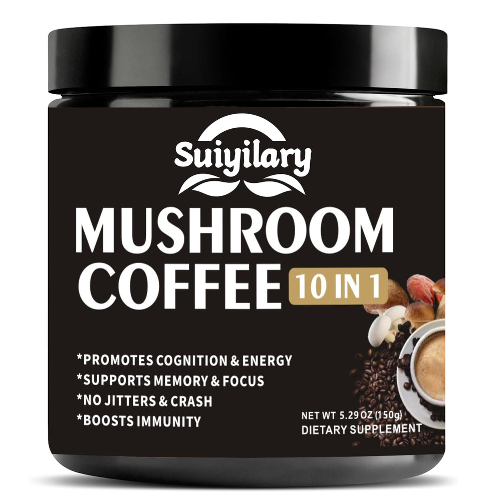 Suiyilary Mushroom Coffee tin front showcases packaging and premium blend for everyday energy.