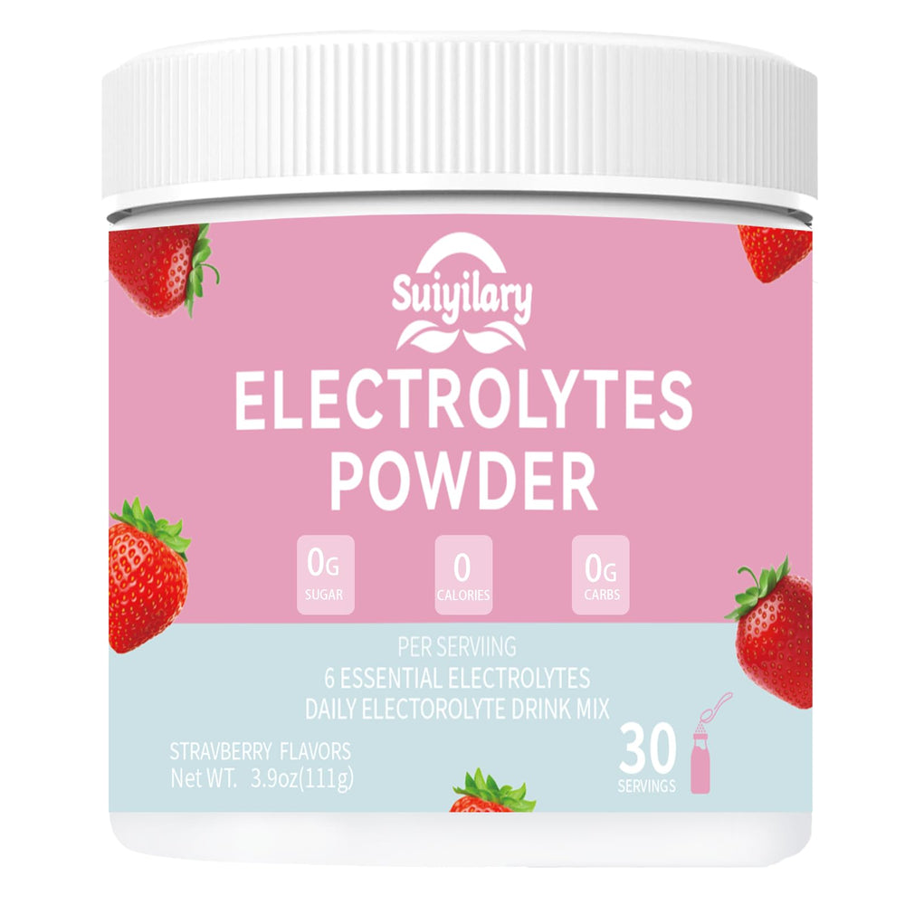 Suiyilary Sugar-Free Electrolyte Powder tub closeup shows clean packaging for quick hydration.