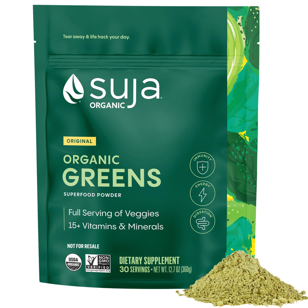 Suja Organic Greens Powder bottle showcases convenient daily greens for energy