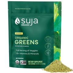Suja Organic Greens Powder bottle showcases convenient daily greens for energy