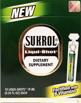 Sukrol Liquid Shot bottle-pour demonstrates quick, on-the-go nutrient support.
