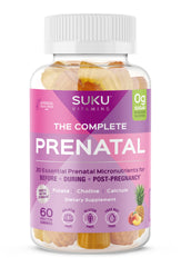 SUKU Prenatal Gummies bottle front showing sugar-free, easy-to-take prenatal support.