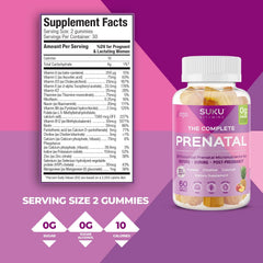 SUKU Prenatal Gummies ingredients label showcases clean, vegetarian, sugar-free composition.