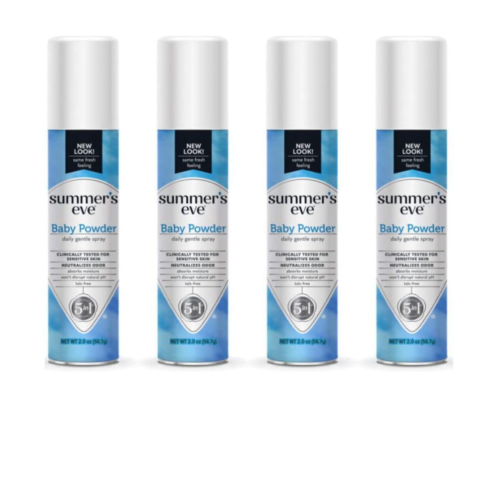 Summers Eve baby powder spray bottle with light, daily freshness.