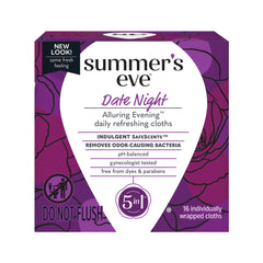 Summer's Eve Date Night cleansing cloths pack close-up for convenient pre or post-intimacy freshness.