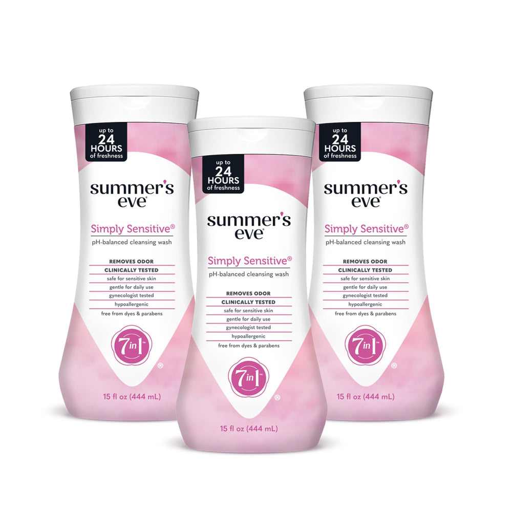 Summer's Eve Simply Sensitive Wash bottle demonstrates gentle daily cleansing for sensitive skin