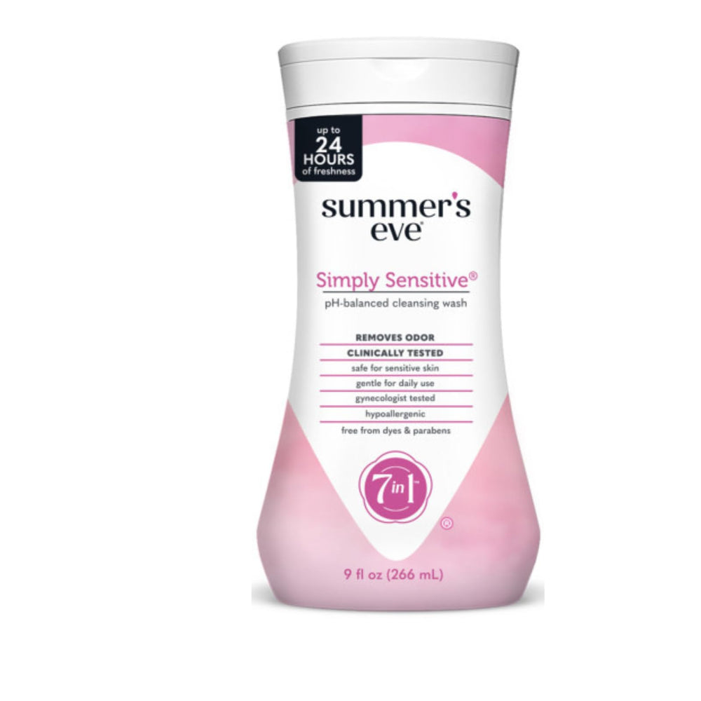 Summer's Eve Simply Sensitive bottle pouring for daily cleansing