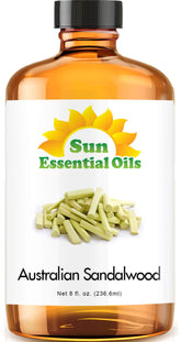 Sun Essential Oils Australian Sandalwood 8oz bottle ideal for diffusion and skin care routines.