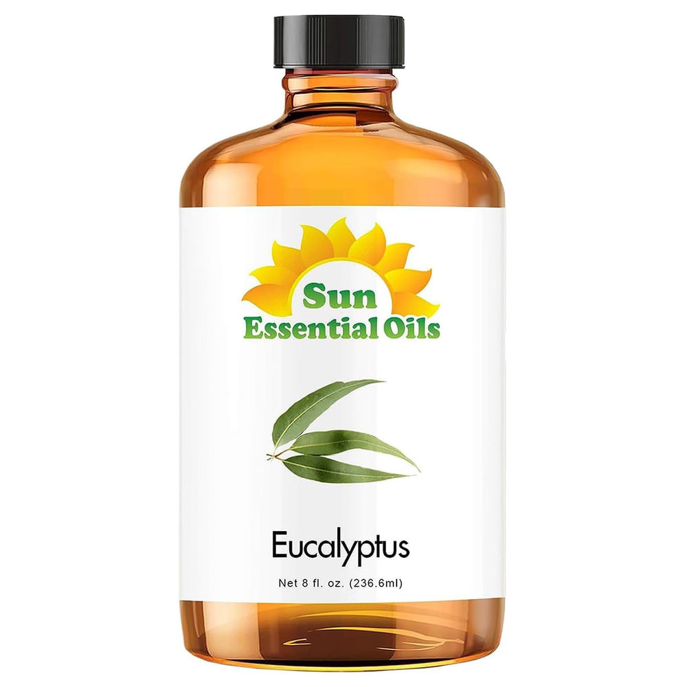 Sun Essential Oils eucalyptus oil bottle with dropper for precise application and lasting freshness.
