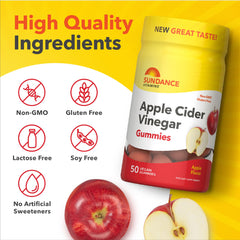 Sundance Apple Cider Vinegar Gummies ingredients label close-up highlights vegan, non-GMO options.