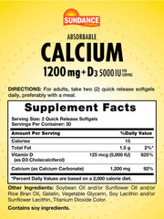 Sundance Calcium 1200 mg with D3 softgels label shows non-GMO gluten-free formulation