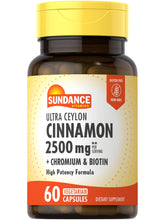 Sundance Ceylon Cinnamon Capsules bottle displaying 60 vegetarian capsules for convenient daily use.