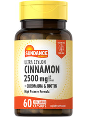 Sundance Ceylon Cinnamon Capsules bottle displaying 60 vegetarian capsules for convenient daily use.
