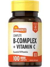 Sundance Complete B-Complex with Vitamin C bottle showcases easy-to-swallow caplets for daily wellness.