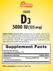 Sundance Liquid D3 5000 IU dropper enables convenient daily supplementation.