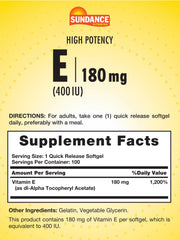 Close-up of Sundance Vitamin E label showing potency.