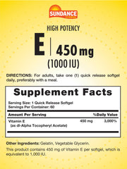 Close-up of Sundance Vitamin E softgels emphasizing quick-release formula.