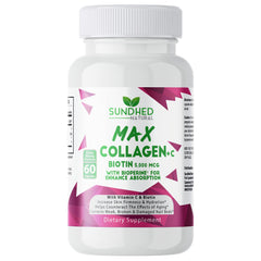 Sundhed Natural Max Collagen Plus C bottle for daily skin hydration.