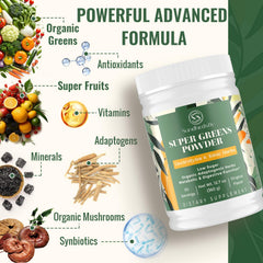 Close-up label on Sundhedsliv Super Greens showing organic greens blend.