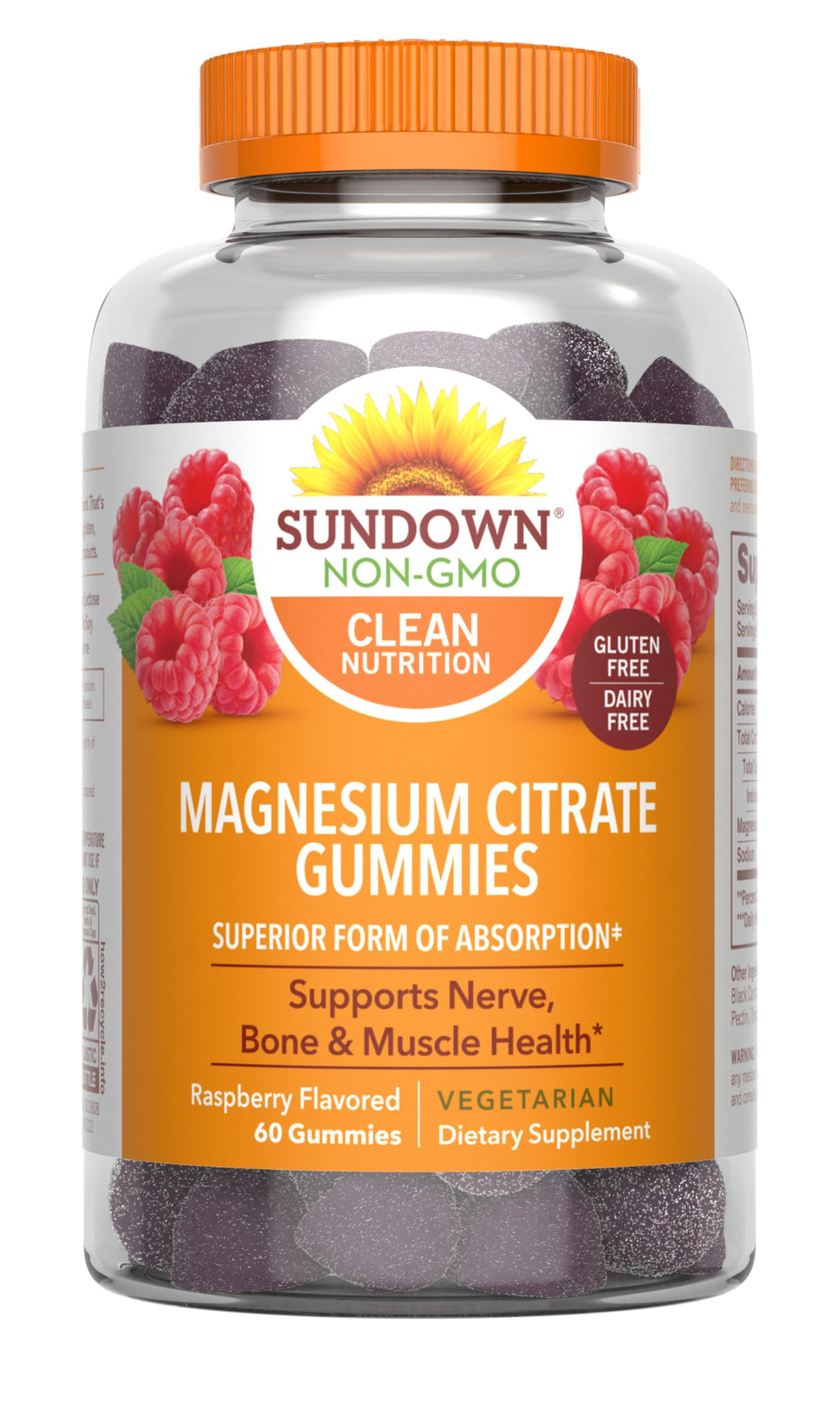 Sundown Magnesium Citrate Gummies raspberry bottle for daily wellness.