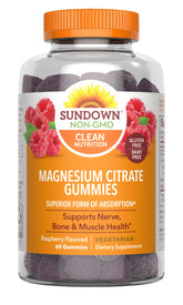 Sundown Magnesium Citrate Gummies raspberry bottle for daily wellness.