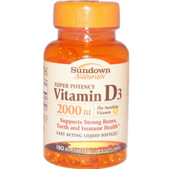 Sundown Vitamin D-2000 IU softgels bottle close-up for bone and immune health