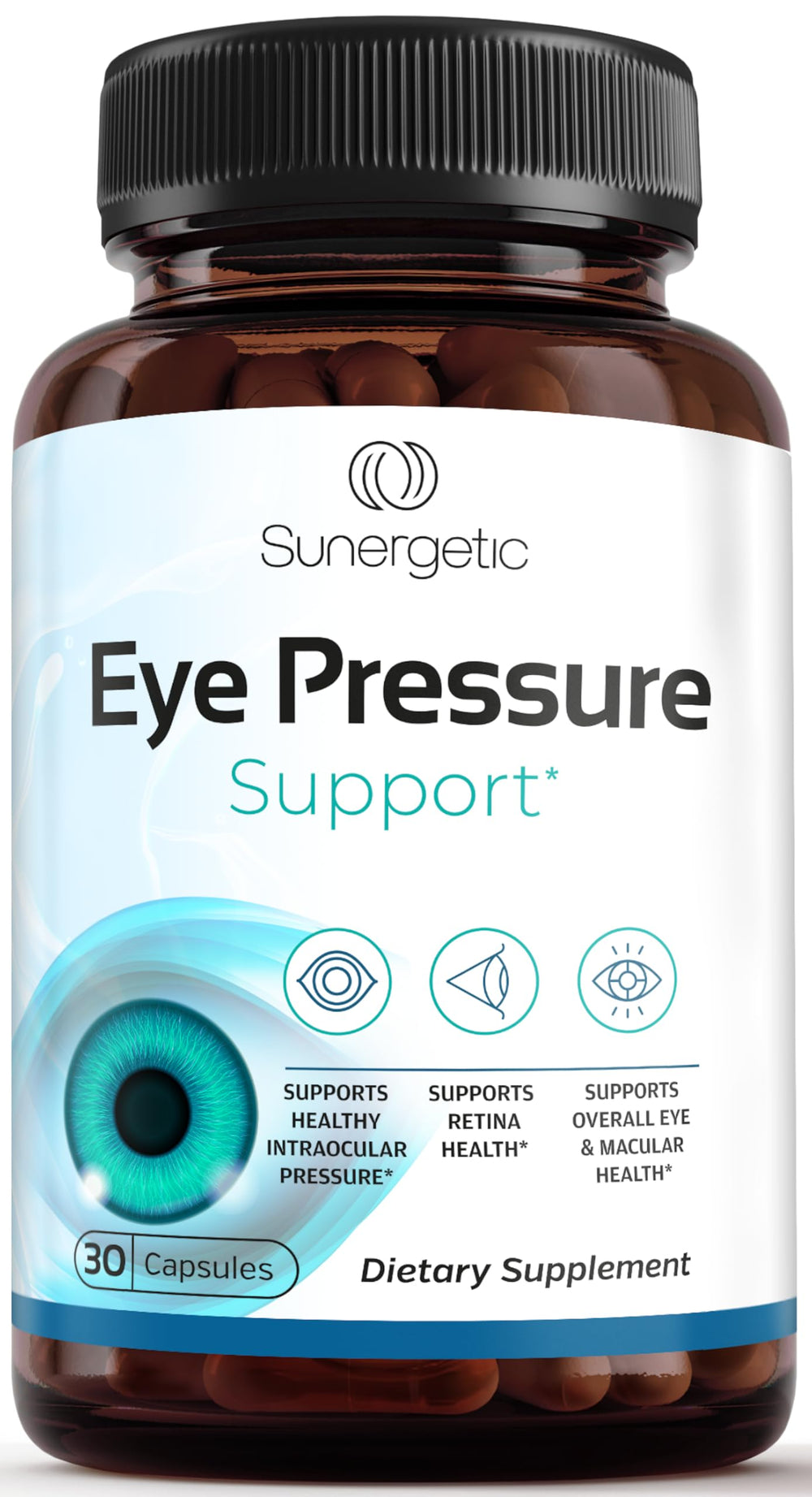 Sunergetic eye pressure supplement bottle for healthy intraocular pressure support