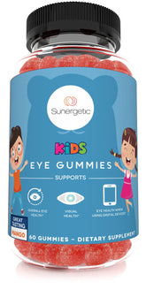Sunergetic Eye Support Gummies for Kids bottle supports daily visual health with a tasty mango flavor.
