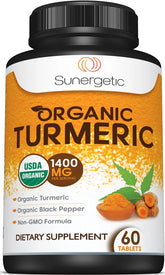 Sunergetic organic turmeric bottle with easy-to-swallow capsules for daily use.