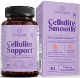 Sunergetic cellulite supplement bottle close-up suggesting skin smoothing