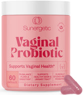 Sunergetic premium vaginal probiotics bottle with capsules for daily feminine health support.
