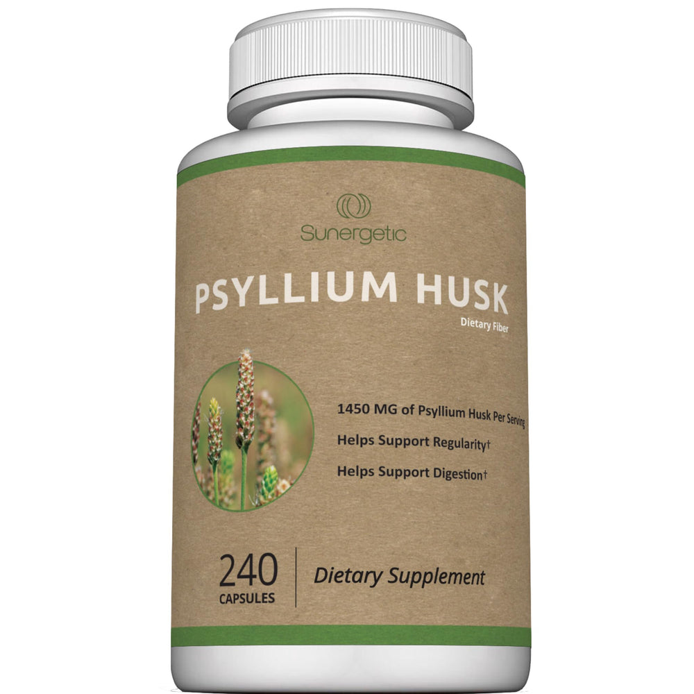 Sunergetic psyllium husk capsules bottle showing convenient fiber for daily digestion.