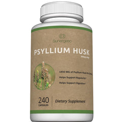 Sunergetic psyllium husk capsules bottle showing convenient fiber for daily digestion.